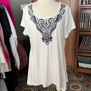 Style & Co. White Tunic with Navy Embroidered Yoke
